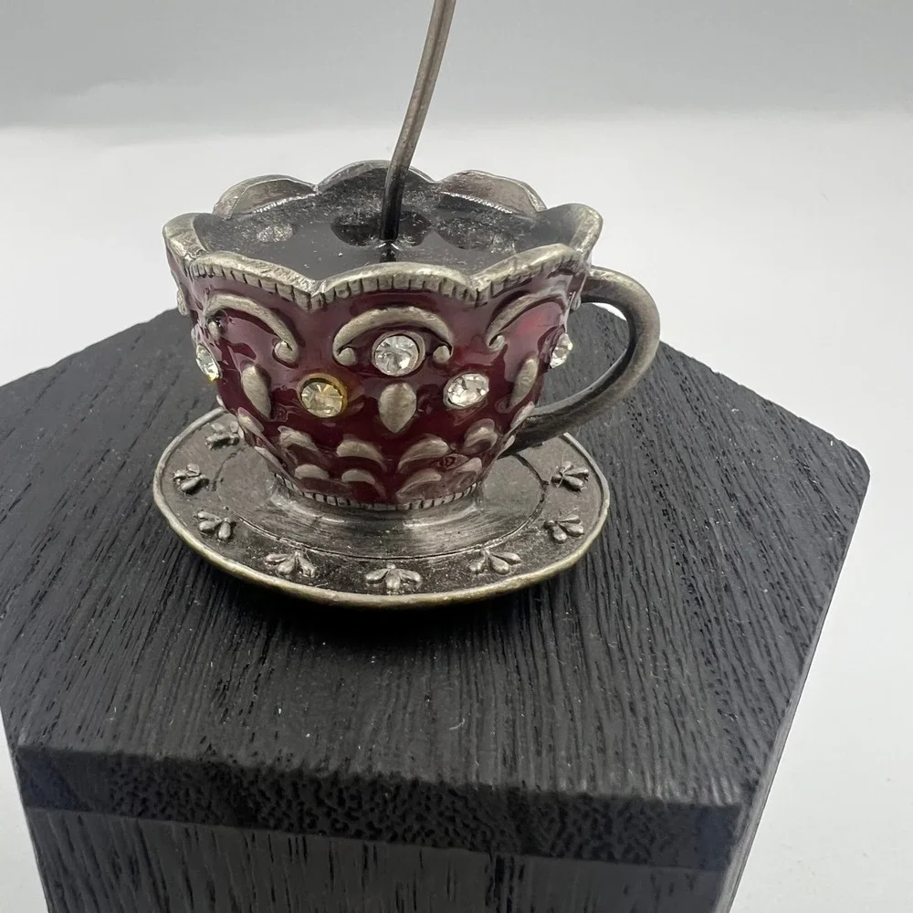 Vintage Style Burgundy Jeweled Teacup Photo Holder Rhinestone Place Card Stand